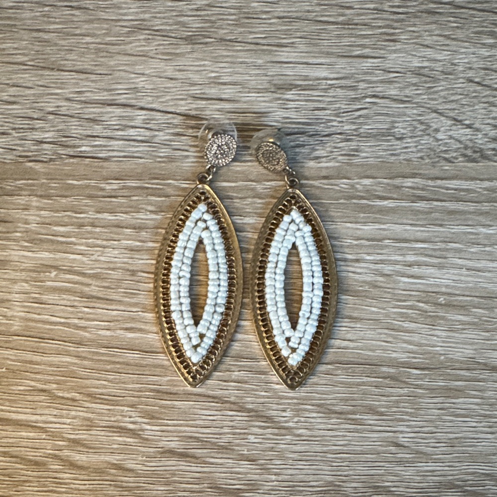 Gold and White Beaded Dangle Earrings